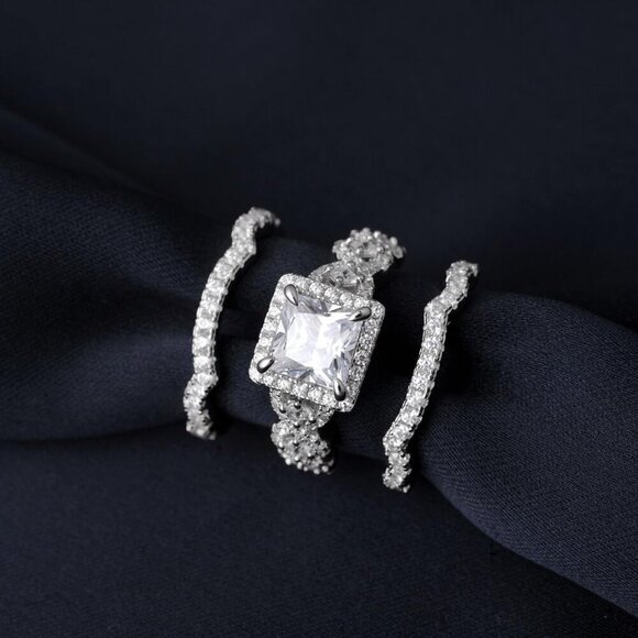 Princess Cut CZ Halo Engagement Ring for Women 925 Silver 14k Gold Plated - Picture 3 of 9